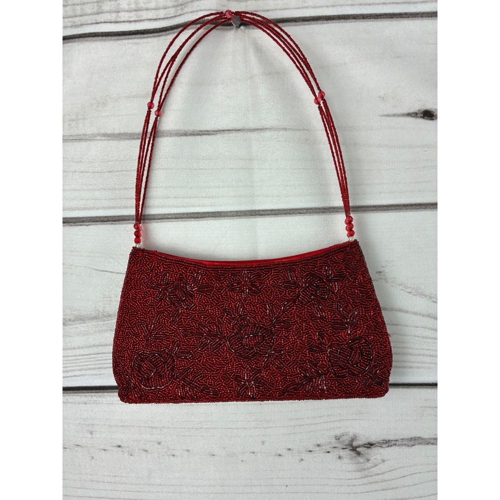 Vintage Red Beaded Floral Evening Bag Rose Pattern Zipped Shoulder Baguette